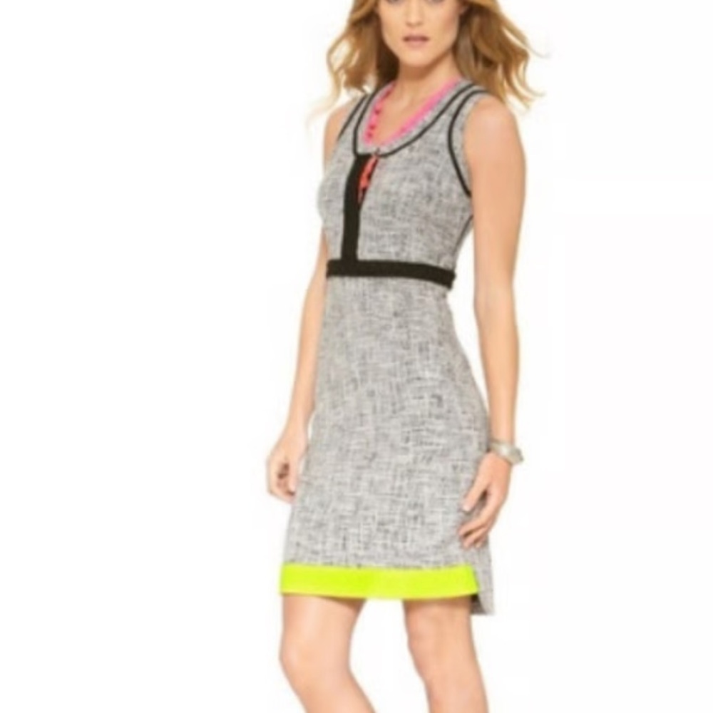 T Tahari Dress in Gray with Neon Pink and Yellow Accents size 6